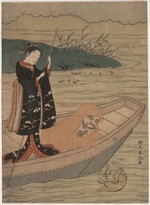 Suzuki Harunobu - Daruma In A Boat With An Attendant