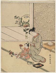 Suzuki Harunobu - Mother Tying Her Young Son-s Hair As He Plays With Chrysanthemums