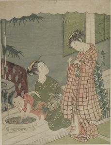 Suzuki Harunobu - Two Girls And Small Boy With Fishbowl