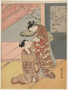 Suzuki Harunobu - Two Women With A Baby And A Letter
