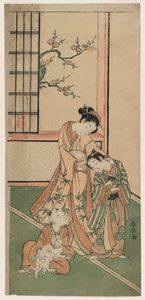Suzuki Harunobu - Woman And Two Children With Cat And Pet Mouse
