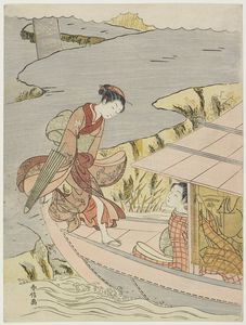 Suzuki Harunobu - Woman Boarding A Boat