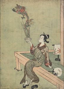 Suzuki Harunobu - Woman Likened To Chinese Hermit Handling Dragon