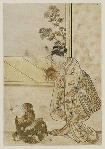 Suzuki Harunobu - Woman With A Demon Mask Teasing A Child