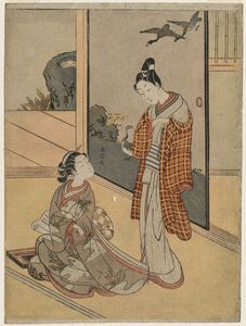 Suzuki Harunobu - Young Woman Concealing A Letter From A Young Man