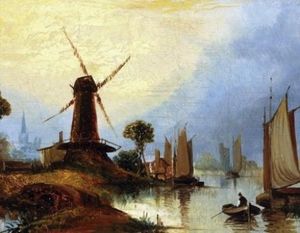John Paul - River Landscape With Figure, Boats And Windmill