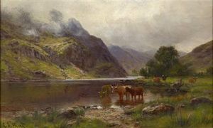 Louis Bosworth Hurt - Highland Cattle Watering By The Loch's Edge