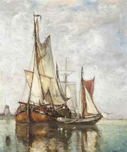 Paul Jean Clays - Barges Moored Before A Windmill