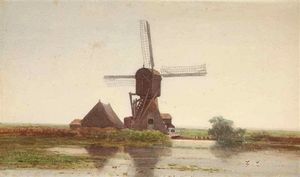 Paul Joseph Constantine Gabriel - A Polderlandscape With A Windmill
