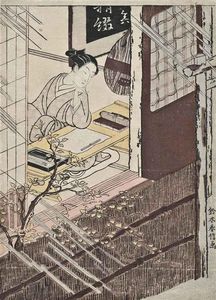 Suzuki Harunobu - A Woman Seated At A Writing Desk Looking Out At The Rain