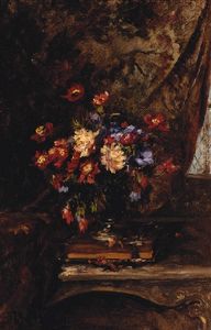 Alexandre Rene Veron - A Vase Of Mixed Flowers On A Book In An Interior