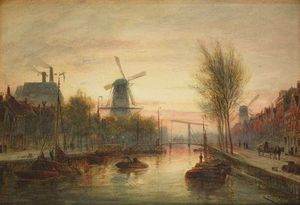 Cornelis Christiaan Dommelshuizen - Fishing Boats On The Canal In Dutch Windmill Landscape