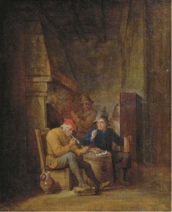Cornelis Mahu - Peasants Smoking And Drinking In An Interior