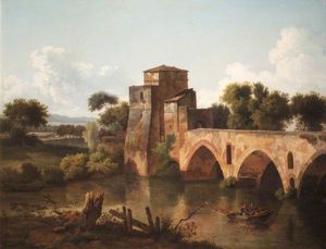 Cornelius Decker - A River Scene With A Bridge And A Boat, With Fishermen In The Foreground