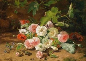 Geraldine Jacoba Van De Sande Bakhuyzen - Bouquet Of Roses On The Forest Floor With Beetle And Butterfly