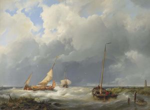 Hermanus Junior Koekkoek - Coastal Scene With Fishing Vessels
