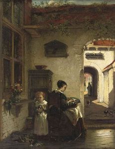 Johannes Anthonie Balthasar Stroebel - Mother And Daughter In The Courtyard