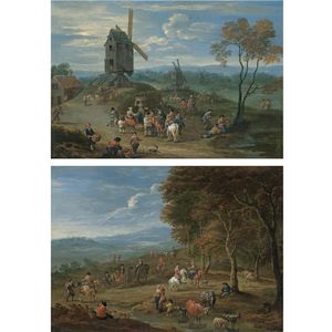 Mathys Schoevaerdts - An Extensive Landscape With Peasants Selling Fruit Before A Series Of Windmills