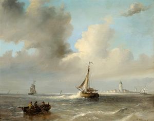 Nicolaas Riegen - Men In A Barge And Sailing Boats Off A Coast