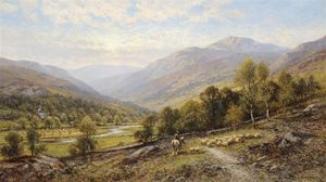 Alfred I Glendening - An Extensive Valley Landscape With A Figure On A Horse And Sheep Grazing