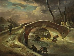 Andries Vermeulen - A Winter Landscape With A Horse Drawn Cart Going Over A Bridge, Peasants Transporting Pigs Over The River, And Children Sledging