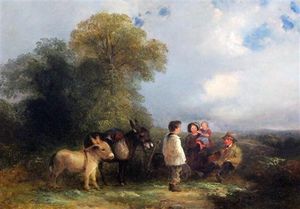 George Cole Senior - Travellers Resting On A Track With Two Donkeys And A Cart