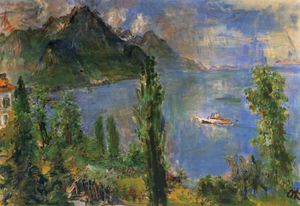 Oskar Kokoschka - Le Lac de Genève et un bateau à vapeur, The Lake Geneva and a boat with steamer,, Huile sur Toile,