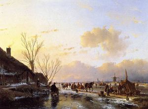 Andreas Schelfhout - People on frozen river Sun