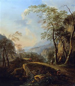 Jan Both - an italianate landscape with horsemen and peasants
