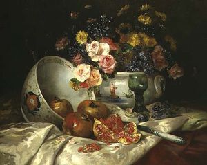 Eugene Henri Cauchois - Still Life Of Flowers In A Chinese Vase With Pomegranates