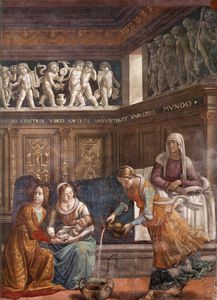 Domenico Ghirlandaio - 1.leftt wall - Birth of Mary (detail)