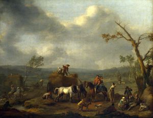 Johannes Lingelbach - Peasants loading a Hay Cart