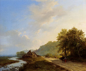 Barend Cornelis Koekkoek - A summer landscape with travellers on a path