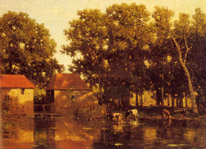 Willem Roelofs - A sunlit river landscape with cows watering