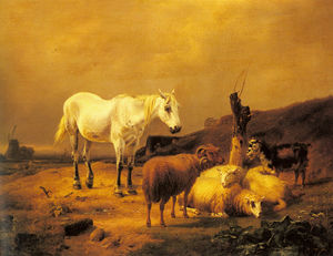 Eugène Joseph Verboeckhoven - A Horse, Sheep and a Goat in a Landscape