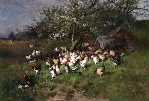 Alexandre Defaux - Spring - Chickens under Flowering Apple Trees