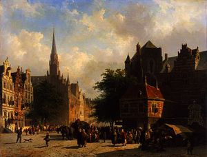 Cornelis Springer - Market day in a Dutch town with numerous figures conversing in a square with stalls