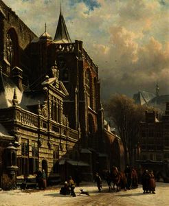 Cornelis Springer - View of the Hoofdwacht and the Grote Kerk, Zwolle, The Netherlands