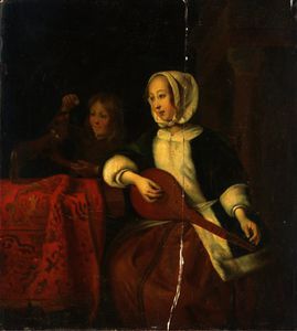  Paintings Reproductions A girl playing a mandolin and a boy with a dog by Gabriel Metsu (1629-1667, Netherlands) | WahooArt.com
