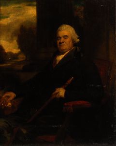 George Romney - Portrait of sir benjamin truman, seated three-quarter-length, in a dark green coat, holding a cane in his left hand, a country house beyond