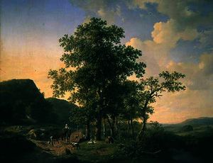Julius Jacobus Van De Sande Bakhuyzen - Wooded landscape with peasants and animals