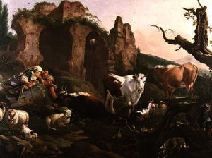 Johann Heinrich Roos - Lovers in a Classical Landscape with Animals