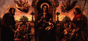 Lazzaro Bastiani - Madonna and Child enthroned with St. George and another male saint