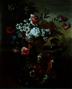 Pieter Casteels Iii - Still life of flowers in an urn with fruit