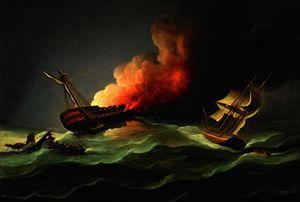 Thomas Buttersworth - The East Indiaman Kent on Fire in the Bay of Biscay