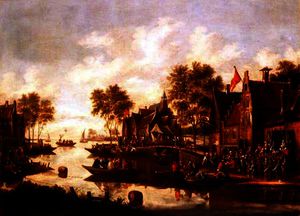 Thomas Heeremans - A village kermesse with players on a stage by an inn and men drinking in boats