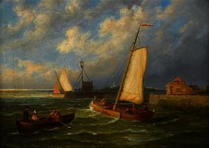 William Raymond Dommersen - Sailing boats and a row boat off a harbor