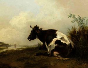 Pieter Gerardus Van Os - A cow resting in a meadow