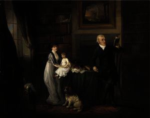 Ramsay Richard Reinagle - Portrait of a family, seated full-length in a library with their dog