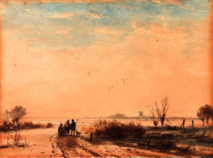 Andreas Schelfhout - Travellers on a frozen river in a winter landscape